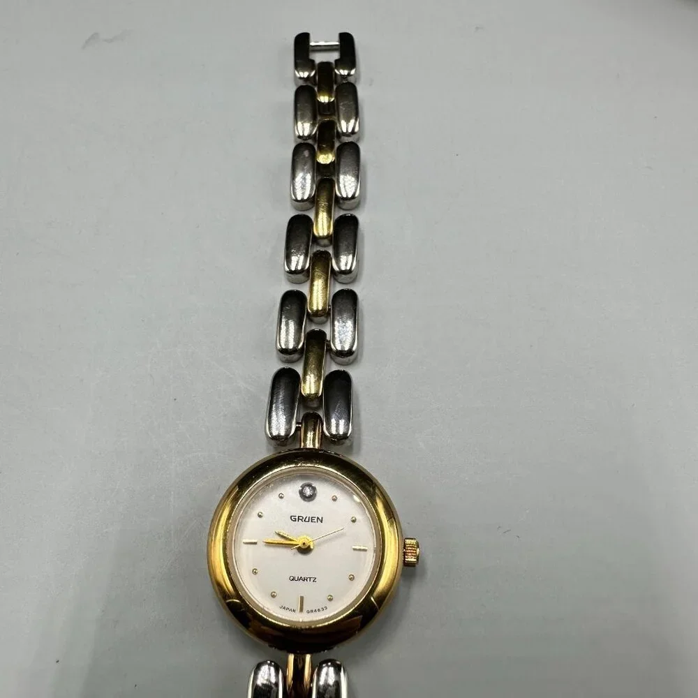 Gruen Watch Women Silver Gold Two Tone 20MM Round Dial New Battery 6.25